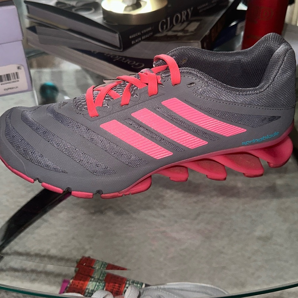Gray and pink Adidas, razor gym shoes